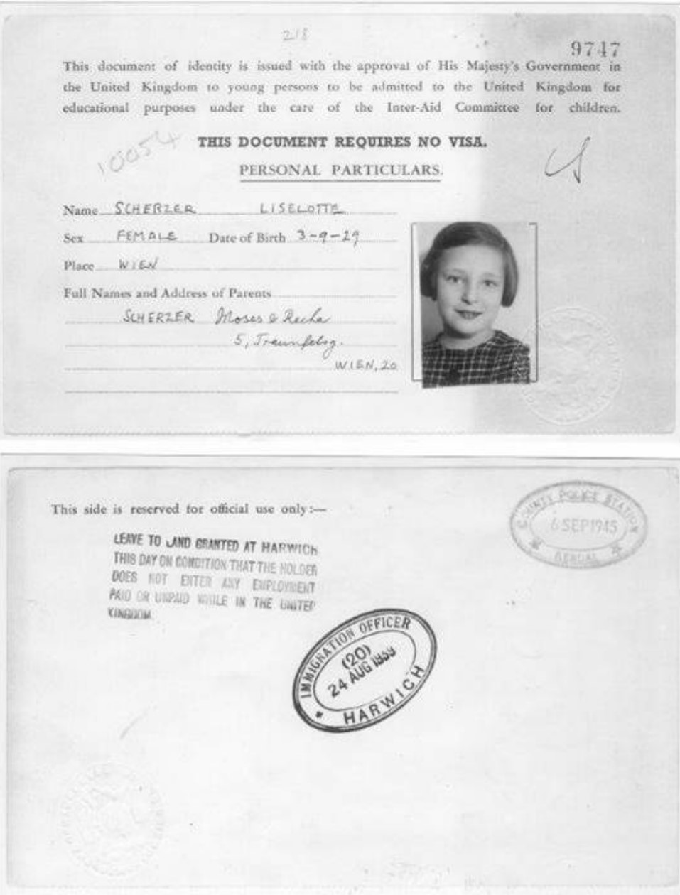 Entrance certificate to England, August 1939